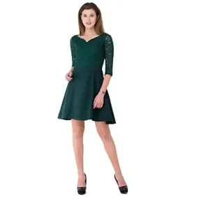 VM Women's Sweetheart Neckline Fit Flare Empire Waist Lace Dress (Green, Small)