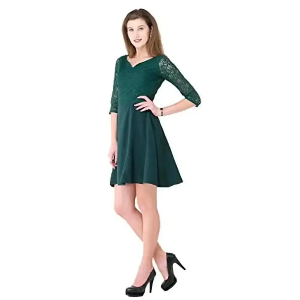 VM Women's Sweetheart Neckline Fit Flare Empire Waist Lace Dress (Green, Small)