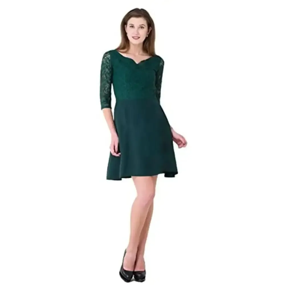 VM Women's Sweetheart Neckline Fit Flare Empire Waist Lace Dress (Green, Small)
