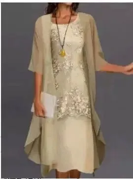 Women's Elegant Round Neck Lace Chiffon Irregular Cardigan dress set