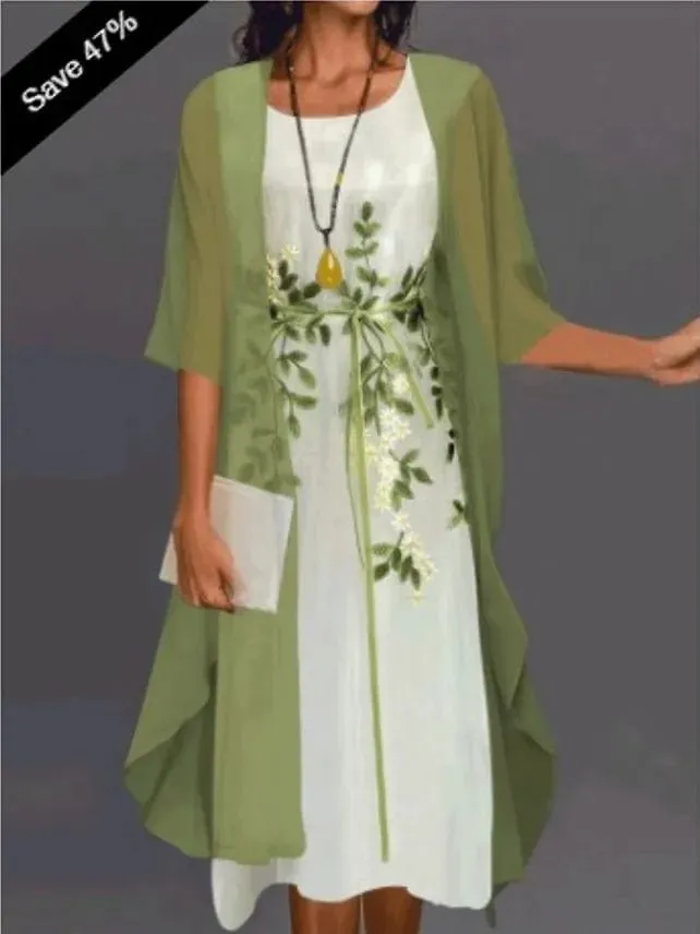 Women's Elegant Round Neck Lace Chiffon Irregular Cardigan dress set