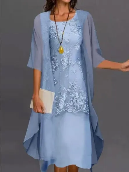 Women's Elegant Round Neck Lace Chiffon Irregular Cardigan dress set