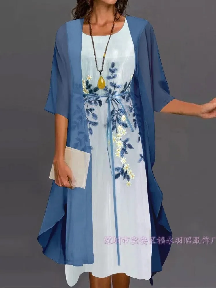Women's Elegant Round Neck Lace Chiffon Irregular Cardigan dress set