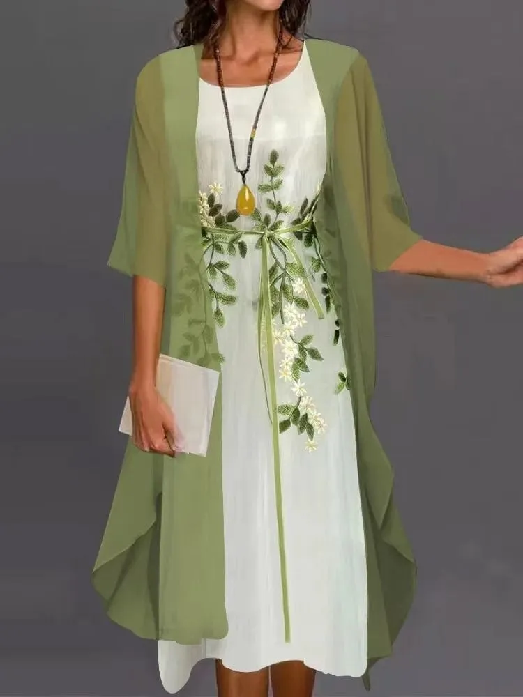 Women's Elegant Round Neck Lace Chiffon Irregular Cardigan dress set