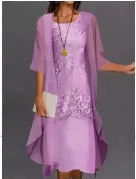 Women's Elegant Round Neck Lace Chiffon Irregular Cardigan dress set
