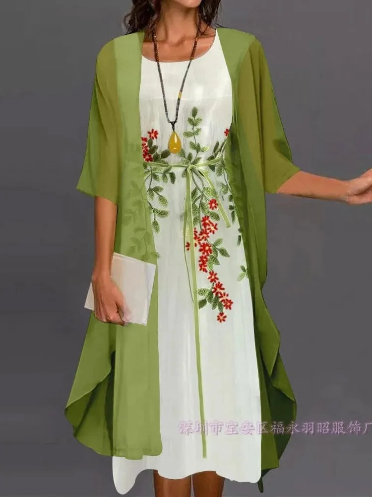 Women's Elegant Round Neck Lace Chiffon Irregular Cardigan dress set