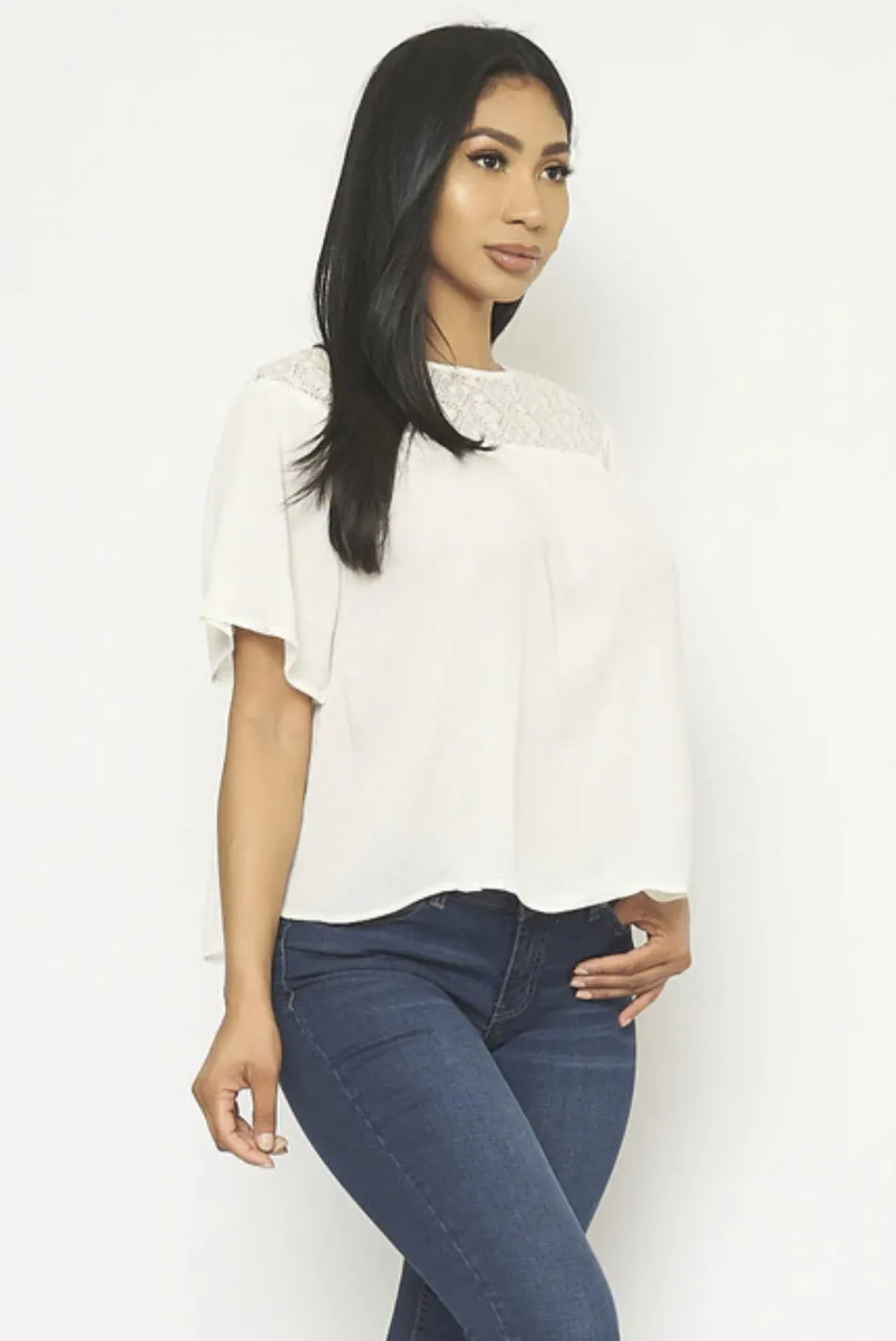 Women's Short Sleeve Lace Detail Swing Top