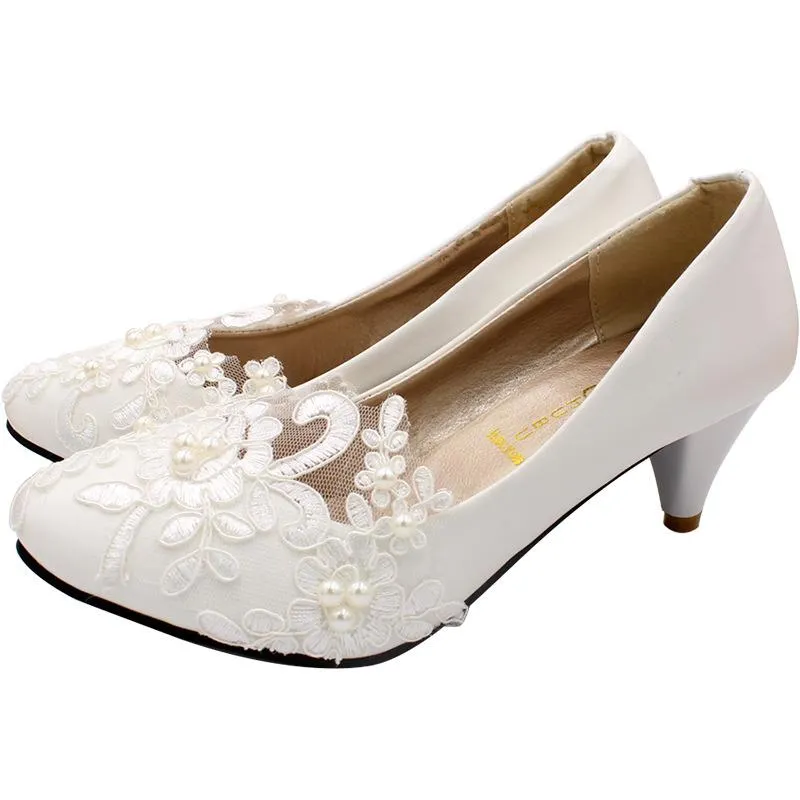 Women's white lace comfortable wedding shoes