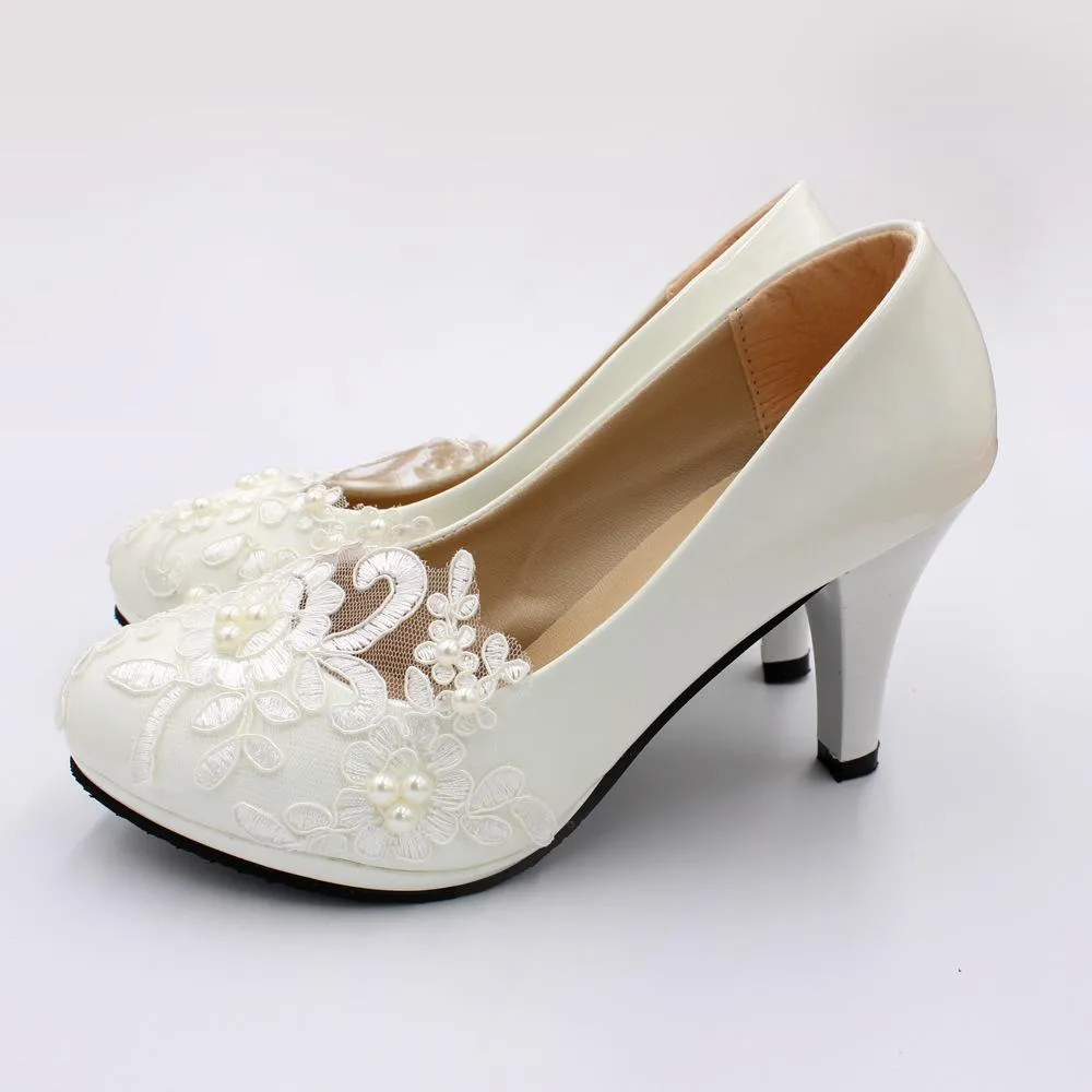 Women's white lace comfortable wedding shoes