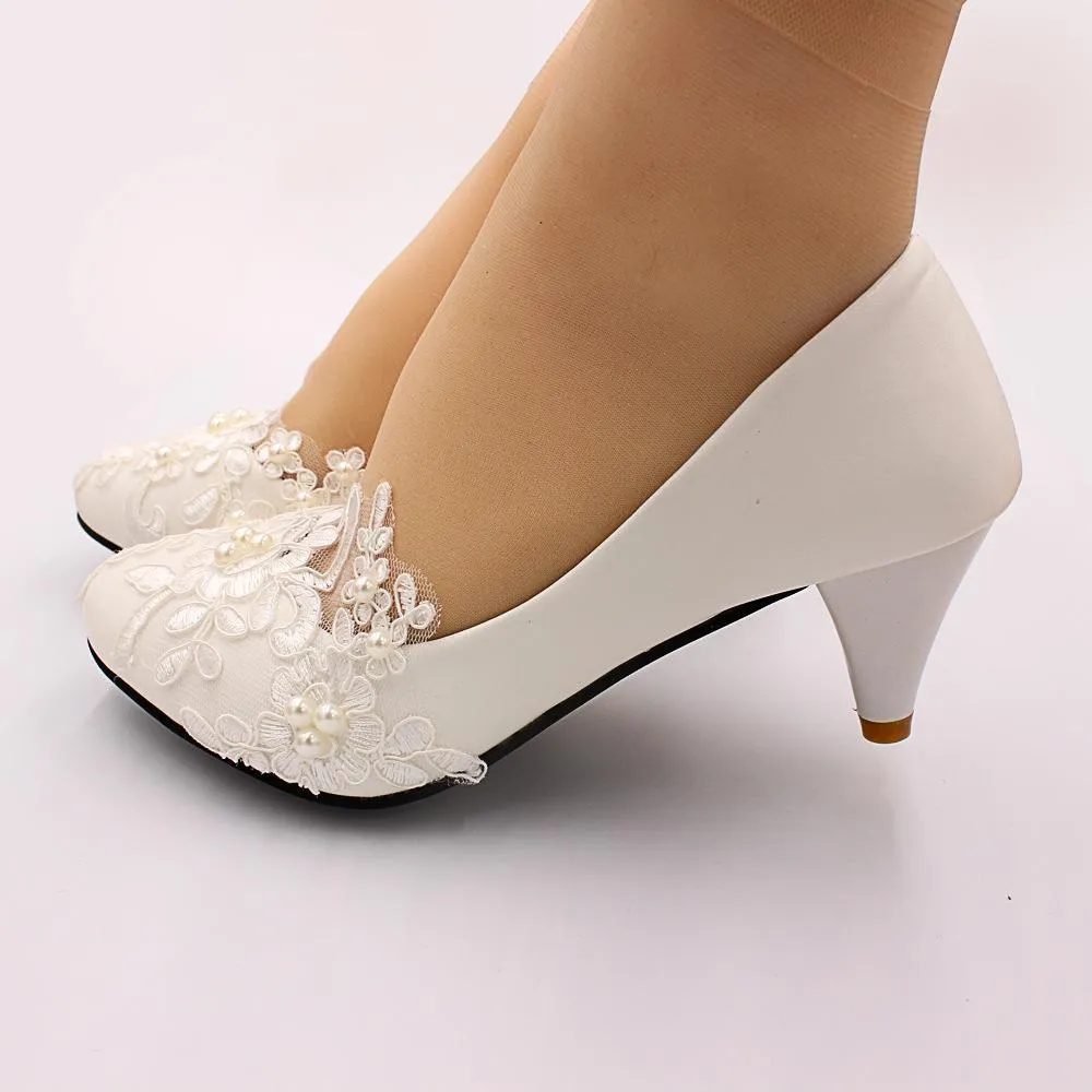 Women's white lace comfortable wedding shoes